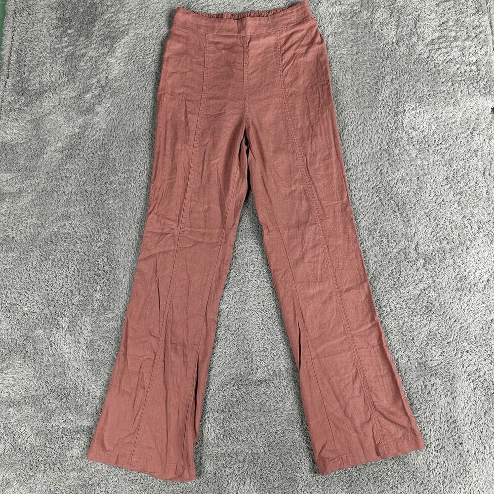 Happily Grey Women's Linen Pull On Pants M Pink Flare Boho Lagenlook Retro